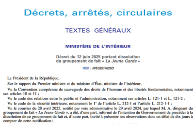 Capture d'écran du décret de dissolution de La Jeune Garde