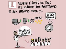 Illustration montrant principalement un serveur qui apporte un plateau de solutions et de services aux usagers