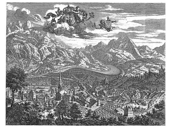 Vue de Sallanches, Johannes de Ram, 1724 Vue aérienne de Salanches, gravée vintage.