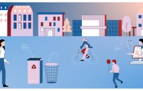 illustration d'une ville avec des personnages qui circulent